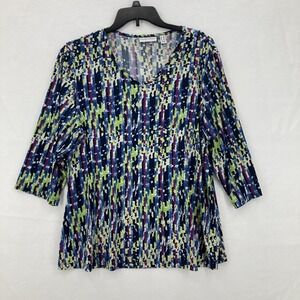 Susan Graver Shirt Womens 1X Liquid Knit Blue Green Purple Abstract 3/4 Sleeve